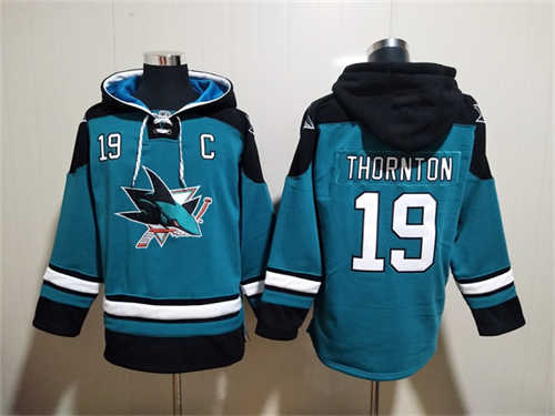 San Jose Sharks #19 Joe Thornton Teal Ageless Must-Have Lace-Up Pullover Hoodie